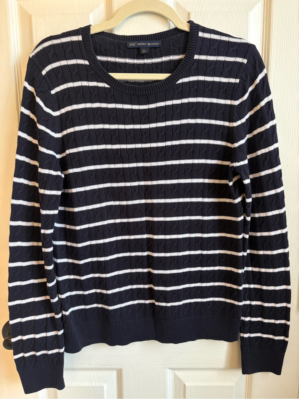 Brooks Brothers Navy and White Striped Cotton Cable Crewneck Sweater, Size Large - Picture 1 of 4